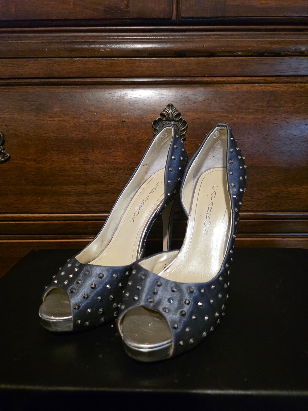 Caparros Black Studded Peep-Toe High Heels